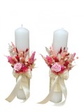 Set lumanari personalizabile, alb-roz, pentru nunta cu aranjament frontal ,plante naturale uscate si miniroze criogenate, 30 cm, Eventissimi&reg;