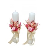Set lumanari personalizabile, alb-roz, pentru nunta cu aranjament frontal ,plante naturale uscate si miniroze criogenate, 30 cm