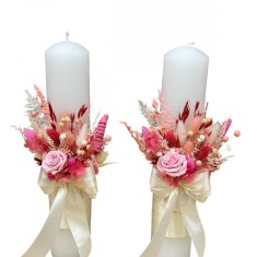 Set lumanari personalizabile, alb-roz, pentru nunta cu aranjament frontal ,plante naturale uscate si miniroze criogenate, 30 cm