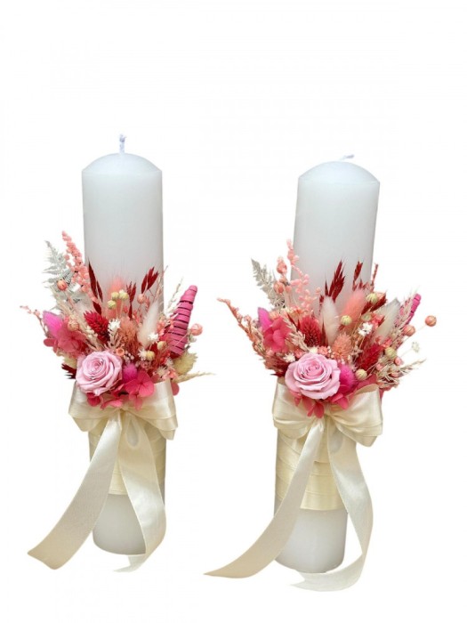 Set lumanari personalizabile, alb-roz, pentru nunta cu aranjament frontal ,plante naturale uscate si miniroze criogenate, 30 cm