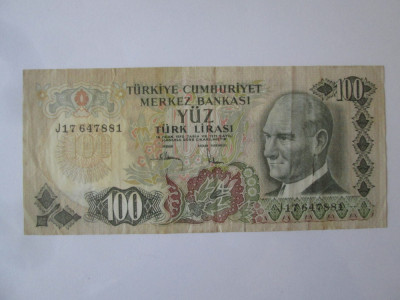 Turcia 100 Lirasi 1976-1987 bancnota lipita cu scoci foto