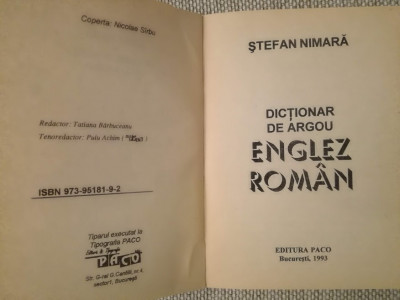 Dicționar de argou englez - rom&amp;acirc;n, Ștefan Nimară, 1993 foto