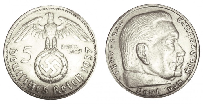 q410 GERMANIA NAZISTA 5 MARCI REICHS MARK 1937 D ARGINT EF