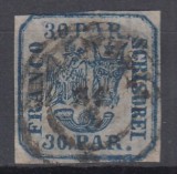 ROMANIA 1862 LP 10 PRINCIPATELE UNITE EMISIUNEA I TIPAR DE MANA 30 PARALE ALBASTRU STAMPILAT