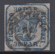 ROMANIA 1862 LP 10 PRINCIPATELE UNITE EMISIUNEA I TIPAR DE MANA 30 PARALE ALBASTRU STAMPILAT