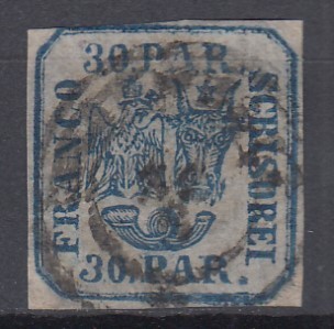 ROMANIA 1862 LP 10 PRINCIPATELE UNITE EMISIUNEA I TIPAR DE MANA 30 PARALE ALBASTRU STAMPILAT foto