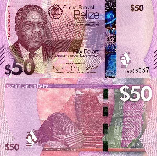 Belize (p#NOU) 50 Dollars 2025 UNC &#039;Goldson&#039; Puse &icirc;n circulație pe 4 August 2025;