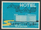 Romania anii 70-80 - Vigneta de bagaje Hotel ATLAS din Jupiter (Mangalia), ONT Carpati, eticheta hoteliera, promovare turistica Litoral