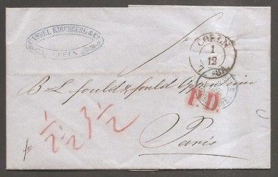 Germany 1856 Postal History Rare Cover + Content Germany Cologne to Paris D.269 foto
