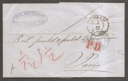 Germany 1856 Postal History Rare Cover + Content Germany Cologne to Paris D.269