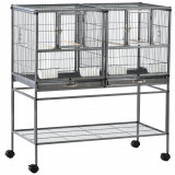 PawHut Colivie Dubla pentru Pasari din Metal cu Tavi Detasabile Suport cu 4 Roti si Raft,95x45.5x102cm, Neagra Gri | Aosom Romania
