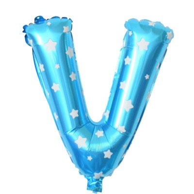 Balon folie metalizata litera v, flippy, 40 cm, cu imprimeu stelute, umflati cu heliu sau aer, ambalaj individual, pai inclus, albastru foto