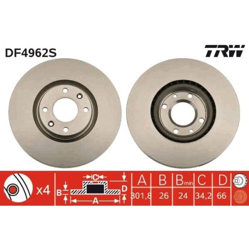 Set discuri frana fata TRW Citroen C4 Cupe 2004-2013 C4 2004-2014 C4 II 2009- Ds4 2011-2015 Ds5 Peugeot 208 2012- 3008 2009-2017 308 CC 2009-2015 308