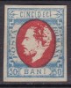 ROMANIA1872 LP 34 CAROL I CU BARBA 50 BANI IMPRESIUNE DEFECTUOASA GUMA ORIGINALA SARNIERA, Nestampilat