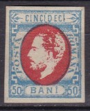 ROMANIA1872 LP 34 CAROL I CU BARBA 50 BANI IMPRESIUNE DEFECTUOASA GUMA ORIGINALA SARNIERA