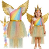 Costum unicorn, pentru fetite 6-7 ani, 122-128 cm, set 3 piese, multicolor