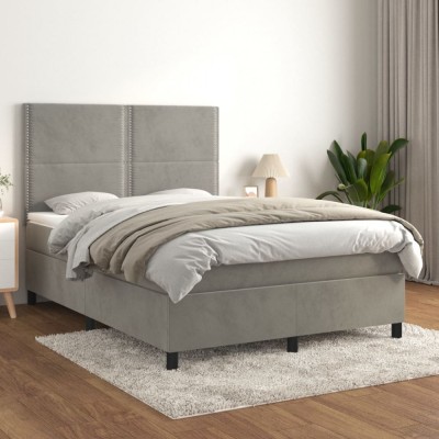 vidaXL Pat box spring cu saltea, gri deschis, 140x190 cm, catifea 3142959 foto