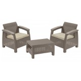 Set mobilier terasa, balcon, imitatie ratan, Keter Corfu Weekend, pentru exterior, cu masuta, 2 fotolii, culoare cappuccino, rezistent UV si intemperi
