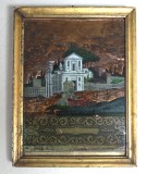 &quot;Vedere din Roma&quot; gravura fixata pe sticla si colorata manual Anglia cca 1800