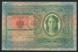 q494 UNGARIA ROMANIA 100 KORONA 1912 CU TIMBRU SPECIAL STAMPILAT IN BUCOVINA VF