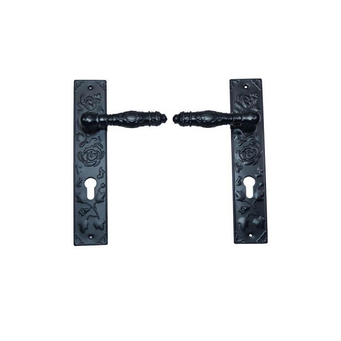 Manere cu sild pentru usi si porti metalice, negru, model floral turnat, interax 85 mm, lungime 250 mm, latime 50 mm
