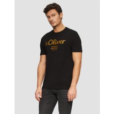 Tricou cu decolteu la baza gatului, barbati, imprimeu cu logo, Negru, S