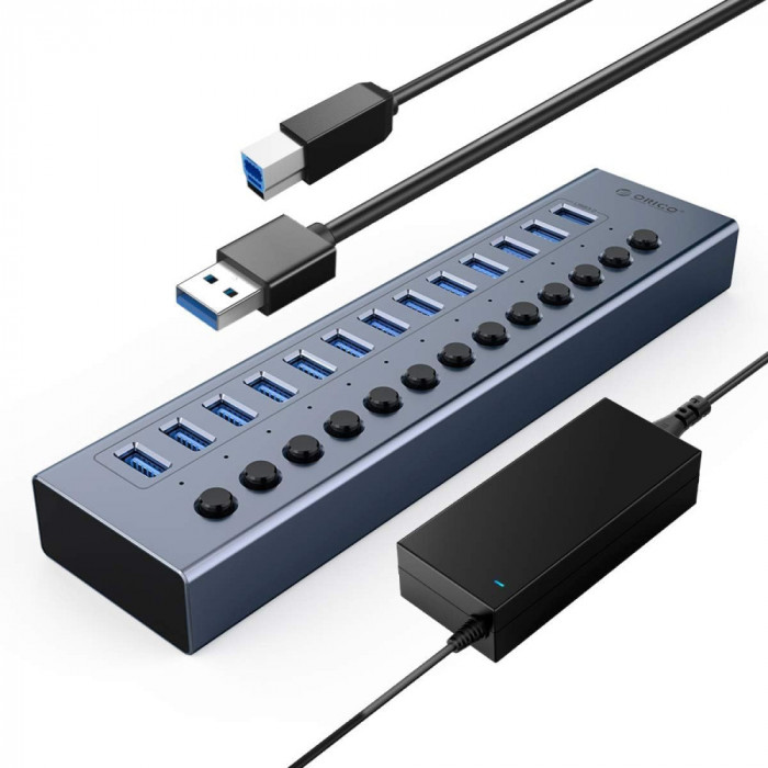 ORICO USB Hub 3.0 cu 7 porturi USB Data Hub cu adaptor de alimentare 12V2A, Indi