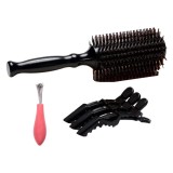 Set 5 piese, perie de par, 3 clame si ustensila pentru curatat peria Belula, 25.9 x 8.9 x 6.1 cm, lemn, nylon, par de mistret, negru