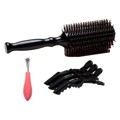 Set 5 piese, perie de par, 3 clame si ustensila pentru curatat peria Belula, 25.9 x 8.9 x 6.1 cm, lemn, nylon, par de mistret, negru foto