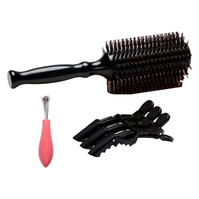 Set 5 piese, perie de par, 3 clame si ustensila pentru curatat peria Belula, 25.9 x 8.9 x 6.1 cm, lemn, nylon, par de mistret, negru