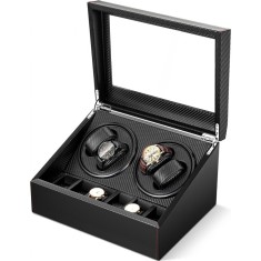 Cutie intors ceasuri iUni, Watch Winder 4 + 6 spatii depozitare, Piele ecologica, Carbon