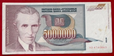 Iugoslavia 5.000.000 5000000 5 milioane Dinara Nikola Tesla 1993 seria 863 ** foto