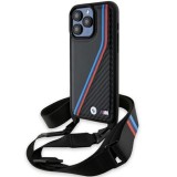Husa pentru iPhone 15 Pro Max - BMW Leather M Edition Carbon Tricolor Lines &amp; Strap (BMHCP15X23PSVTK) - Black