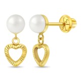 Cercei Copii Aur 14K cu Perla de Cultura si Inimioara, taietura diamant, inchidere cu Filet si Protectie