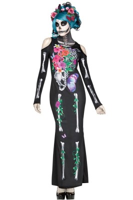 N544-1 Rochie tematica de Halloween, cu imprimeu schelet foto