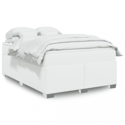 vidaXL Pat box spring cu saltea, alb, 140x200 cm, piele ecologică 3285214 foto