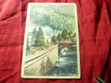 Ilustrata Baile Herculane - Pavilionul bailor - desen ,circulat 1958