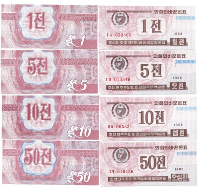 COREEA NORD - LOT 1+5+10+50 CHON 1988 (1995) - UNC / VIZITATORI CAPITALISTI/ MOV foto