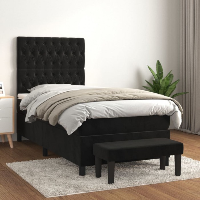 vidaXL Pat box spring cu saltea, negru, 90x200 cm, catifea 3138003