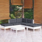 Set mobilier gradina Gossi, 6 piese, lemn pin, alb/antracit, cu perne incluse. Canapea colt, 2 canapele mijloc, 3 taburete/masa