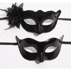 Set 2 Masti de Cuplu, Cyrax, pentru Carnaval, Bal Mascat, Marime Universala, Model Floare Laterala si Margele, Model Clasic Fluture, Negru foto