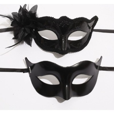 Set 2 Masti de Cuplu, Cyrax, pentru Carnaval, Bal Mascat, Marime Universala, Model Floare Laterala si Margele, Model Clasic Fluture, Negru foto