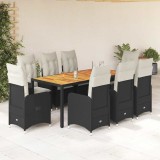 Set bistro de grădină, 9 piese, cu perne, negru, poliratan
