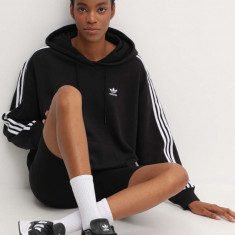 adidas Originals bluză 3-Stripes Hoodie femei, culoarea negru, cu glugă, cu imprimeu, IU2418