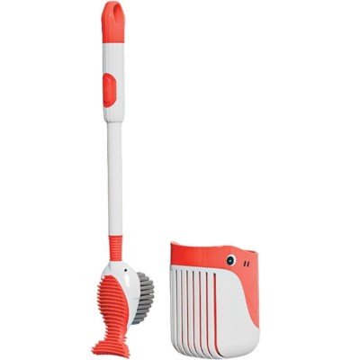 Perie de Toaleta, Flippy, cu Suport de Perete, Recipient Detergent, 2 Tipuri de Perii, Model Balena, Rosu foto