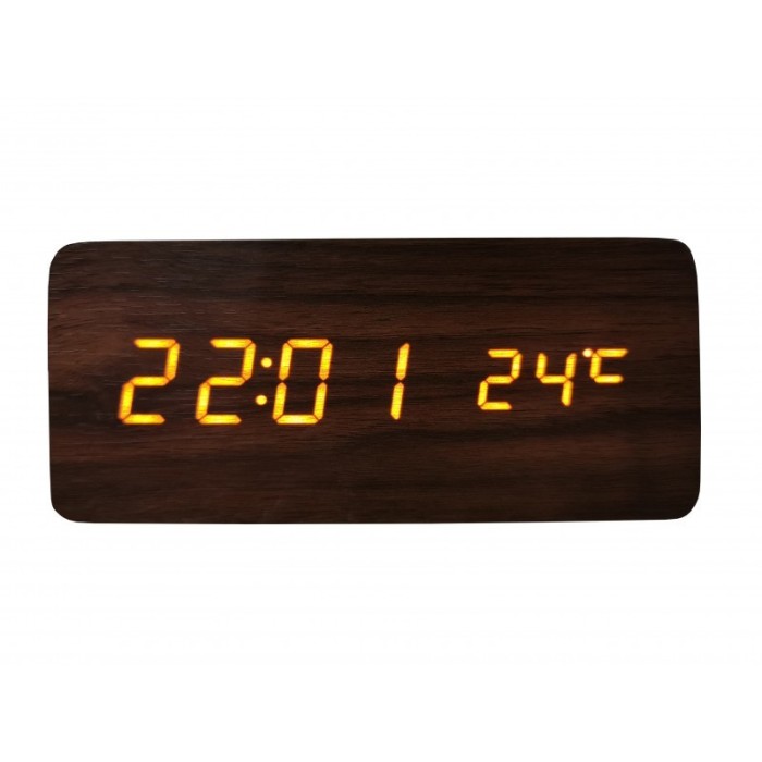 Ceas de masa elSales ELS-1574 , afisaj LED galben , temperatura , data , format ora 24 h , lemn deschis