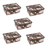 Set 5 cutii de depozitare cu capac, model floral, plastic, 25 l