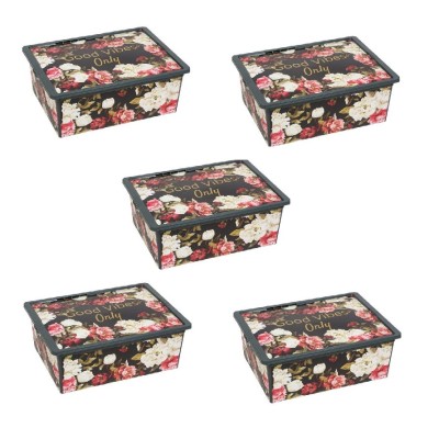 Set 5 cutii de depozitare cu capac, model floral, plastic, 25 l foto