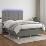 vidaXL Pat cu arcuri, saltea și LED, gri &icirc;nchis, 140x190 cm, textil