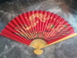 Evantai Feng Shui Perete Dragon Paun 90x160cm, Decoratiune Noroc, Lemn Bambus, Rosu